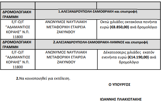 “Αδαμάντιος Κοραής”: Υπογράφτηκε η επιδότηση για τη γραμμή Αλεξ/πολη-Σαμοθράκη-Λήμνος